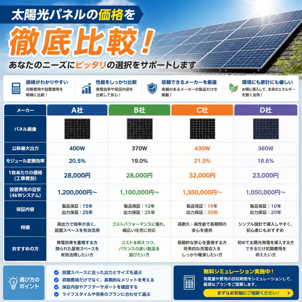 太陽光パネルの価格を徹底比較！あなたのニーズにピッタリの選択をサポートします