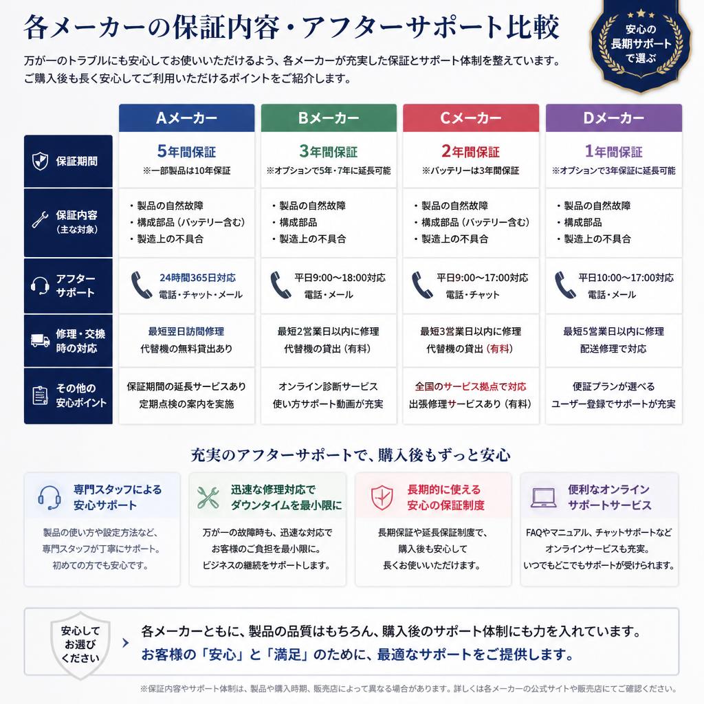 4. メーカーごとの保証とサポート体制
